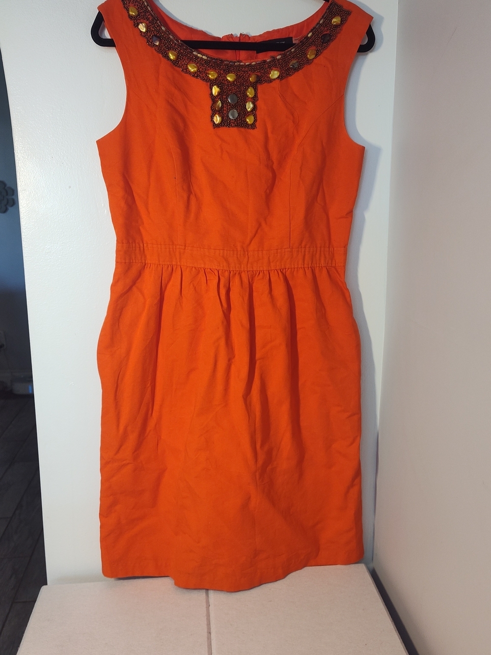 Ellen Tracy Orange Sleeveless Midi Dress with Beaded Neckline #249